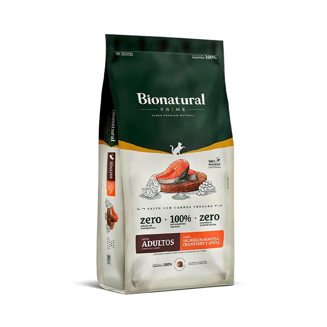 Ração Bionatural Prime para Gatos Adultos Sabor Salmão, Maracujá, Cranberry e Aveia 7,5Kg