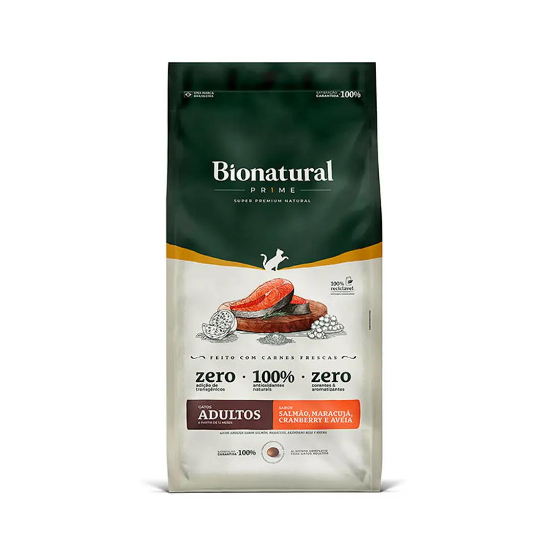 Ração Bionatural Prime para Gatos Adultos Sabor Salmão, Maracujá, Cranberry e Aveia 7,5Kg