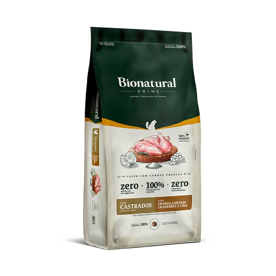 Ração Bionatural Prime para Gatos Castrados Sabor Frango, Laranja, Cranberry e Chia 7,5Kg