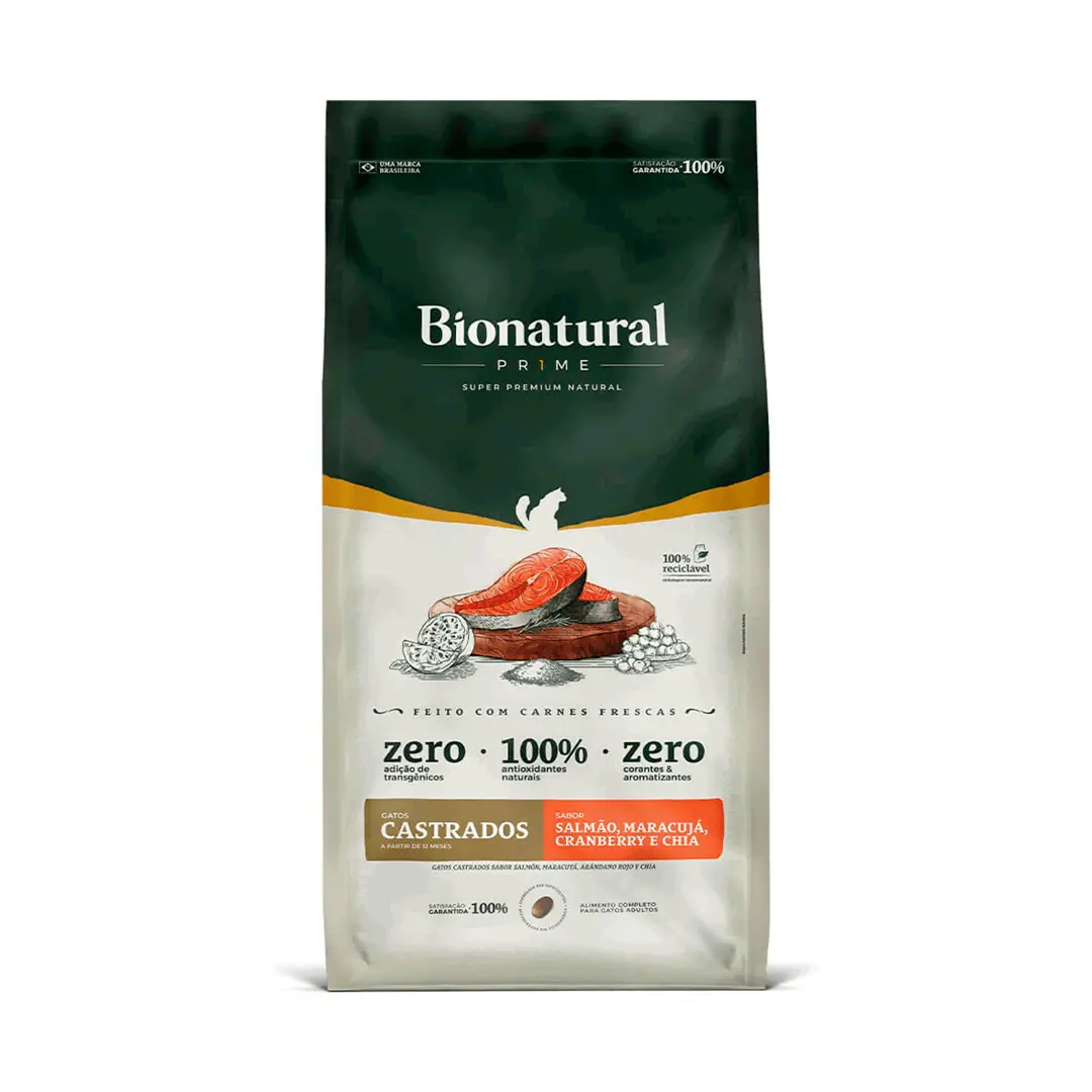 Ração Bionatural Prime para Gatos Castrados Sabor Salmão, Maracujá, Cranberry e Aveia 7,5Kg