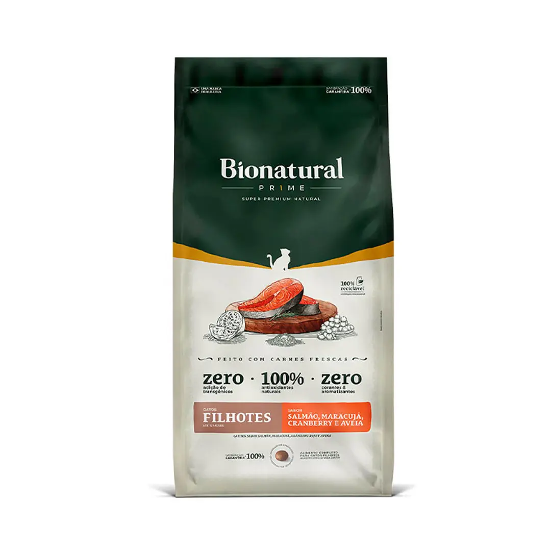 Ração Bionatural Prime para Gatos Filhotes Sabor Salmão, Maracujá, Cranberry e Aveia 7,5Kg