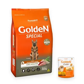 COMBO Ração Golden Special para Cães Adultos Sabor Frango e Carne 20Kg + Golden Cookie Banana, Aveia e Mel 350g