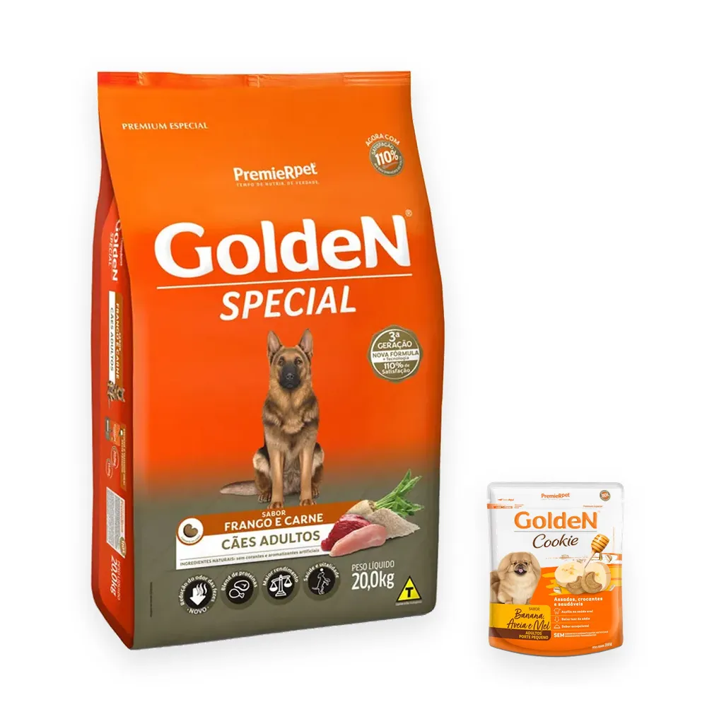 COMBO Ração Golden Special para Cães Adultos Sabor Frango e Carne 20Kg + Golden Cookie Banana, Aveia e Mel 350g