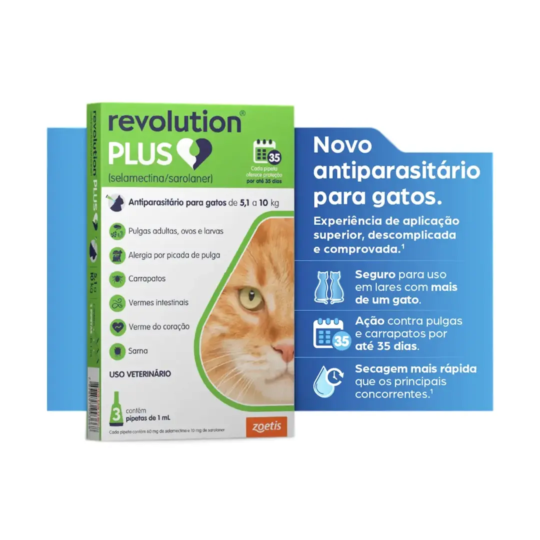 Antiparasitário Revolution Plus 1ml Zoetis para Gatos de 5,1Kg a 10Kg 3 Pipetas
