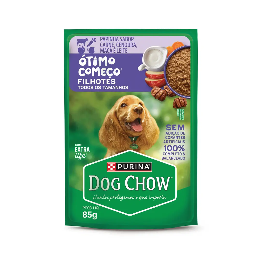 Ração Úmida Dog Chow Sachê Ótimo Começo Papinha para Cães Filhotes Sabor Carne, Cenoura, Maçã e Leite 85g