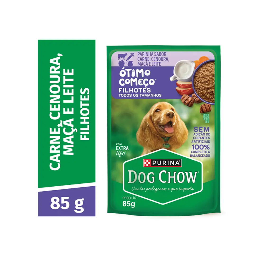 Ração Úmida Dog Chow Sachê Ótimo Começo Papinha para Cães Filhotes Sabor Carne, Cenoura, Maçã e Leite 85g
