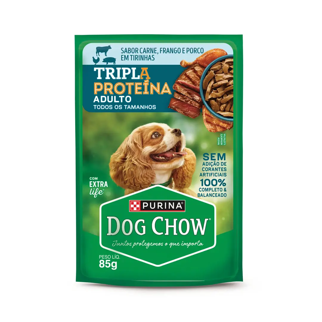 Ração Úmida Dog Chow Sachê Tripla Proteína para Cães Adultos Sabor Carne, Frango e Porco em Tirinhas 85g