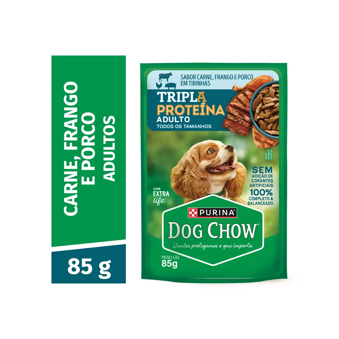 Ração Úmida Dog Chow Sachê Tripla Proteína para Cães Adultos Sabor Carne, Frango e Porco em Tirinhas 85g
