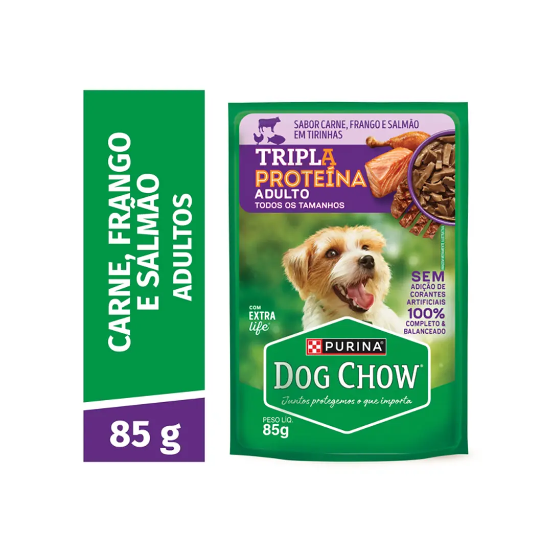 Ração Úmida Dog Chow Sachê Tripla Proteína para Cães Adultos Sabor Carne, Frango e Salmão em Tirinhas 85g