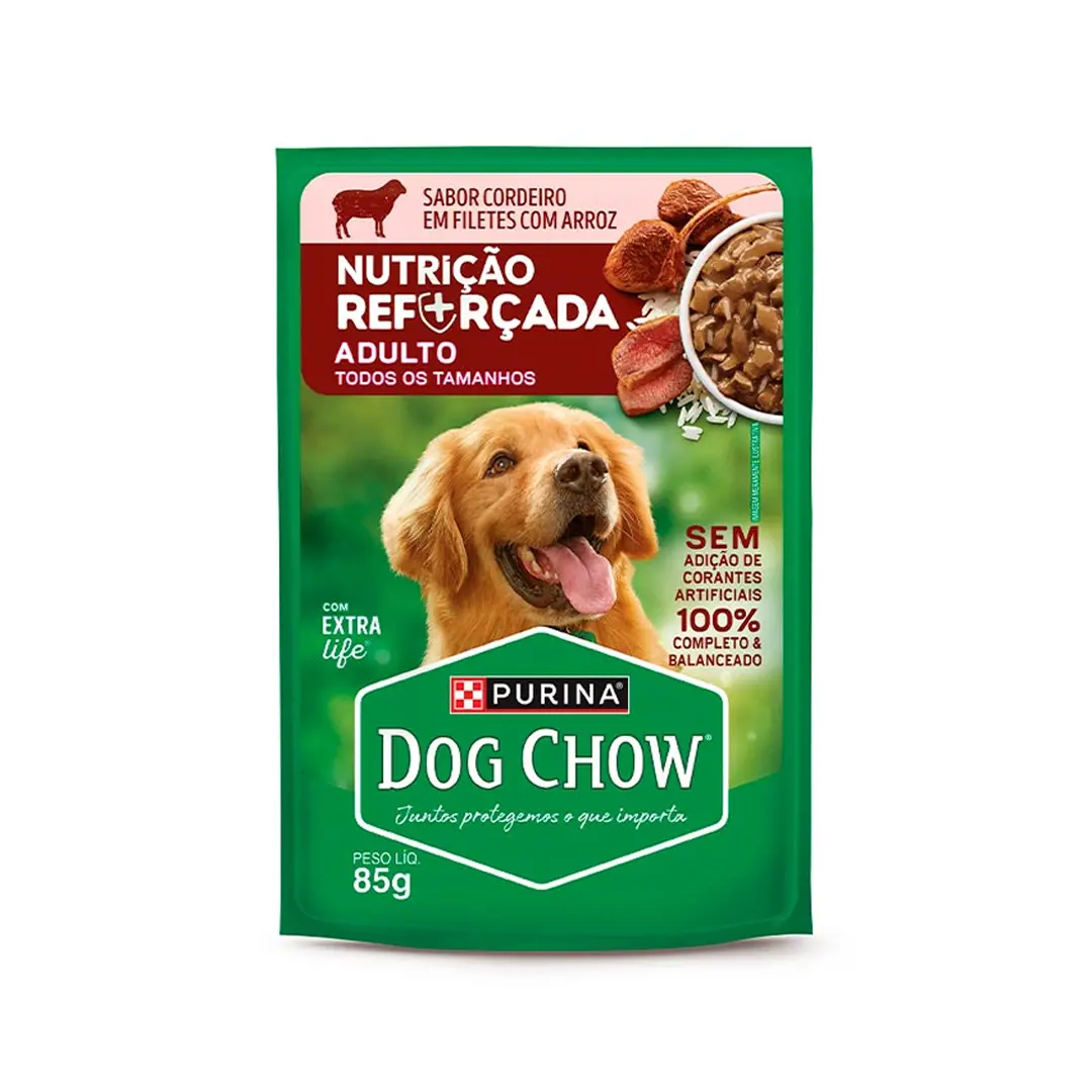 Ração Úmida Dog Chow Sachê Tripla Proteína para Cães Adultos Sabor Cordeiro em Filetes com Arroz 85g