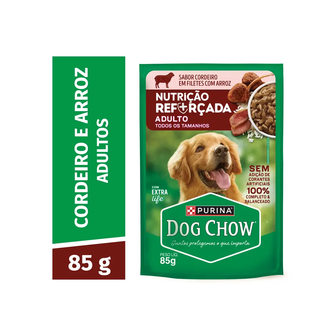 Ração Úmida Dog Chow Sachê Tripla Proteína para Cães Adultos Sabor Cordeiro em Filetes com Arroz 85g