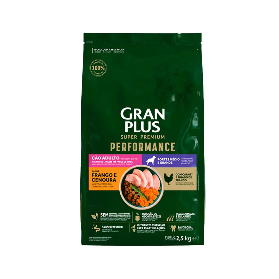 Ração GranPlus Performance para Cães Adultos de Porte Médio e Grande Sabor Frango e Cenoura 2,5Kg