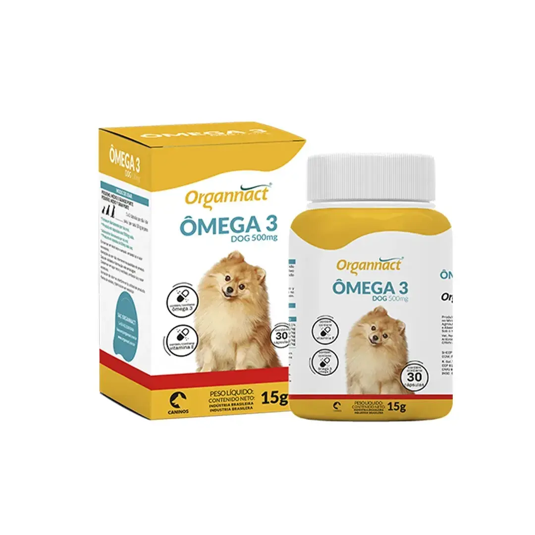 Organnact Ômega 3 Dog 500mg+Biscoito Be Nature para Cães Banana, Mamão, Aveia e Mel 150g Grátis
