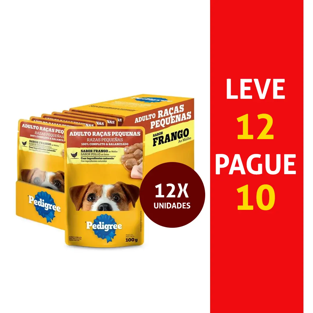Pack Sachê Pedigree para Cães Adultos Raças Pequenas Leve 12 e Pague 10 Sabor Frango 100g