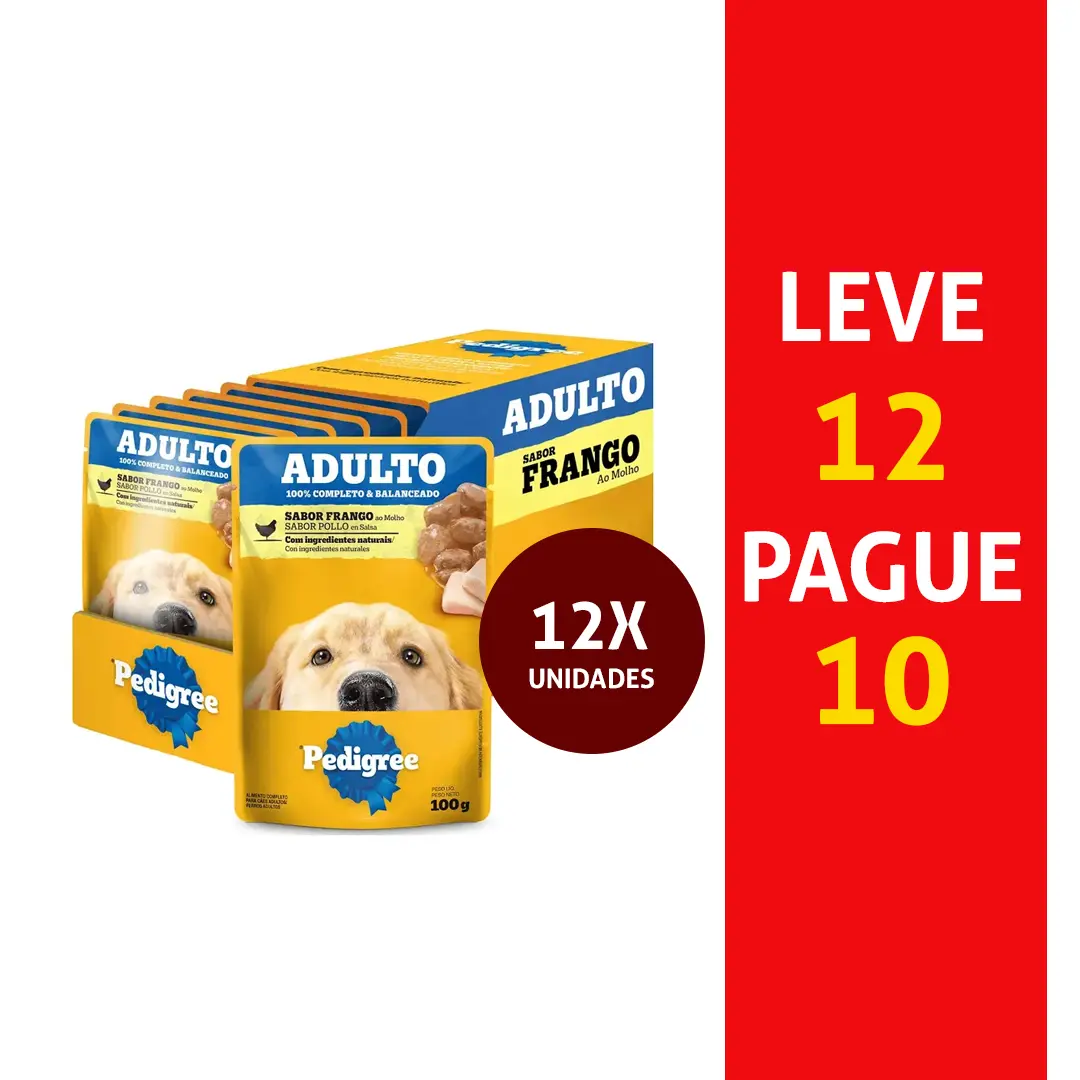 Pack Sachê Pedigree para Cães Adultos Leve 12 e Pague 10 Sabor Frango ao Molho 100g