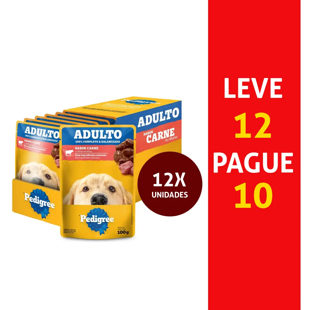 Pack Sachê Pedigree para Cães Adultos Leve 12 e Pague 10 Sabor Carne ao Molho 100g