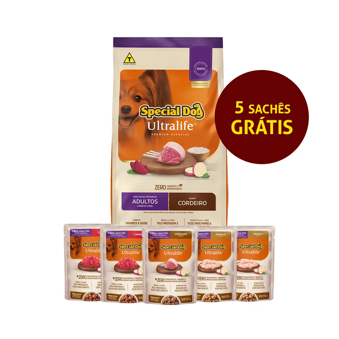 Kit Ração Special Dog Ultralife para Cães Adultos Raças Pequenas Sabor Cordeiro 15Kg+5 Sachês Grátis