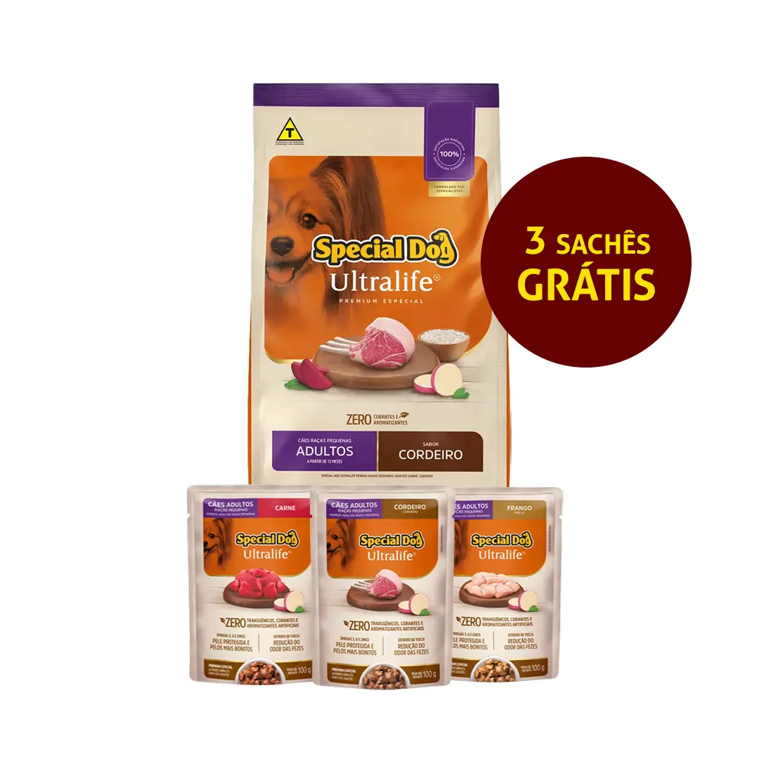 Kit Ração Special Dog Ultralife para Cães Adultos Raças Pequenas Sabor Cordeiro 10,1Kg+3 Sachês Grátis