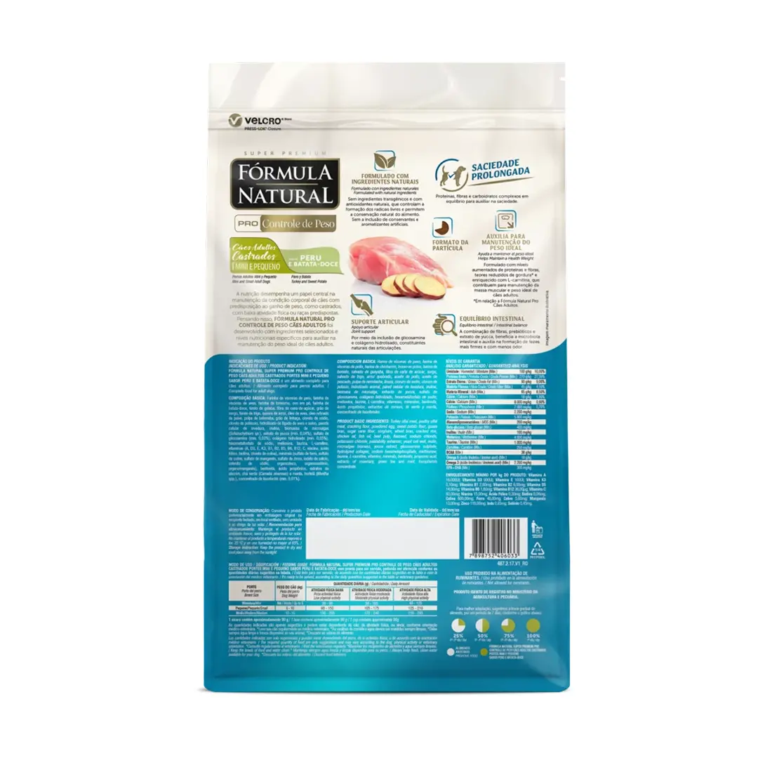 Ração Fórmula Natural Pró Controle de Peso para Cães Adultos Castrados de Porte Mini e Pequeno Sabor Peru e Batata Doce 2,5Kg