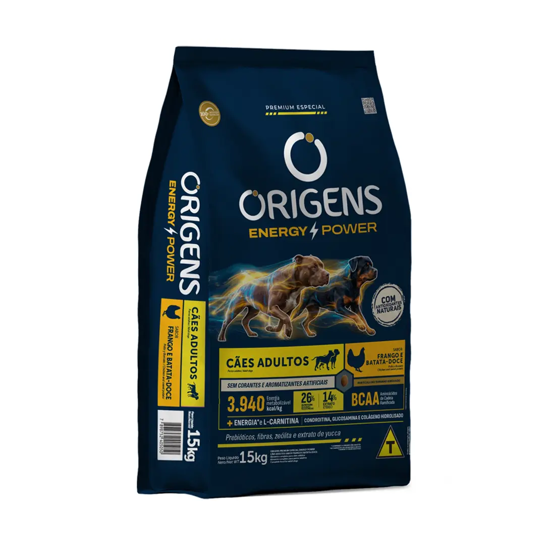 Ração Origens Energy Power para Cães Adultos Sabor Frango e Batata-Doce 15Kg