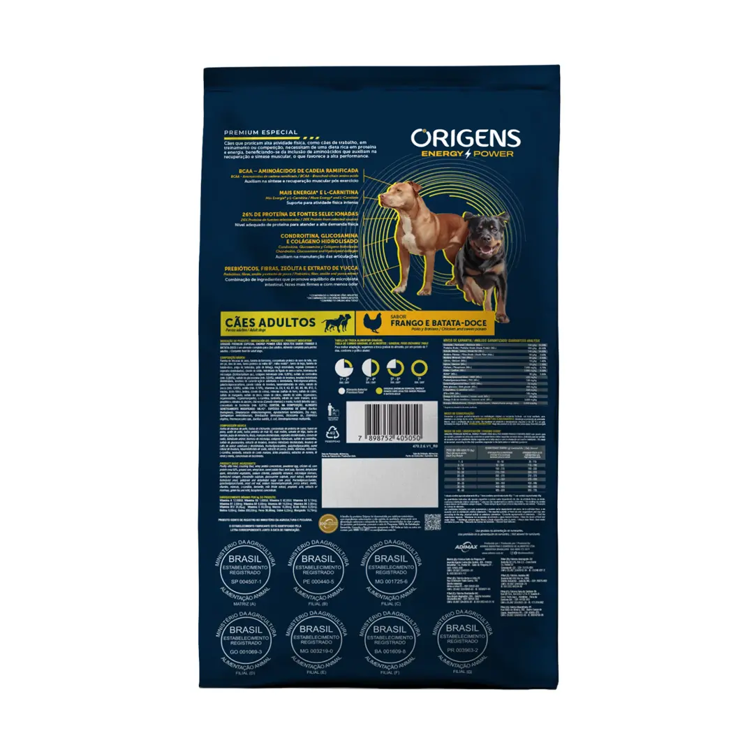 Ração Origens Energy Power para Cães Adultos Sabor Frango e Batata-Doce 15Kg
