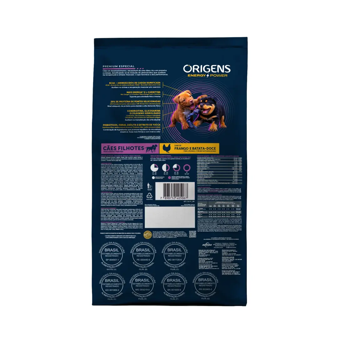 Ração Origens Energy Power para Cães Filhotes Sabor Frango e Batata-Doce 15Kg