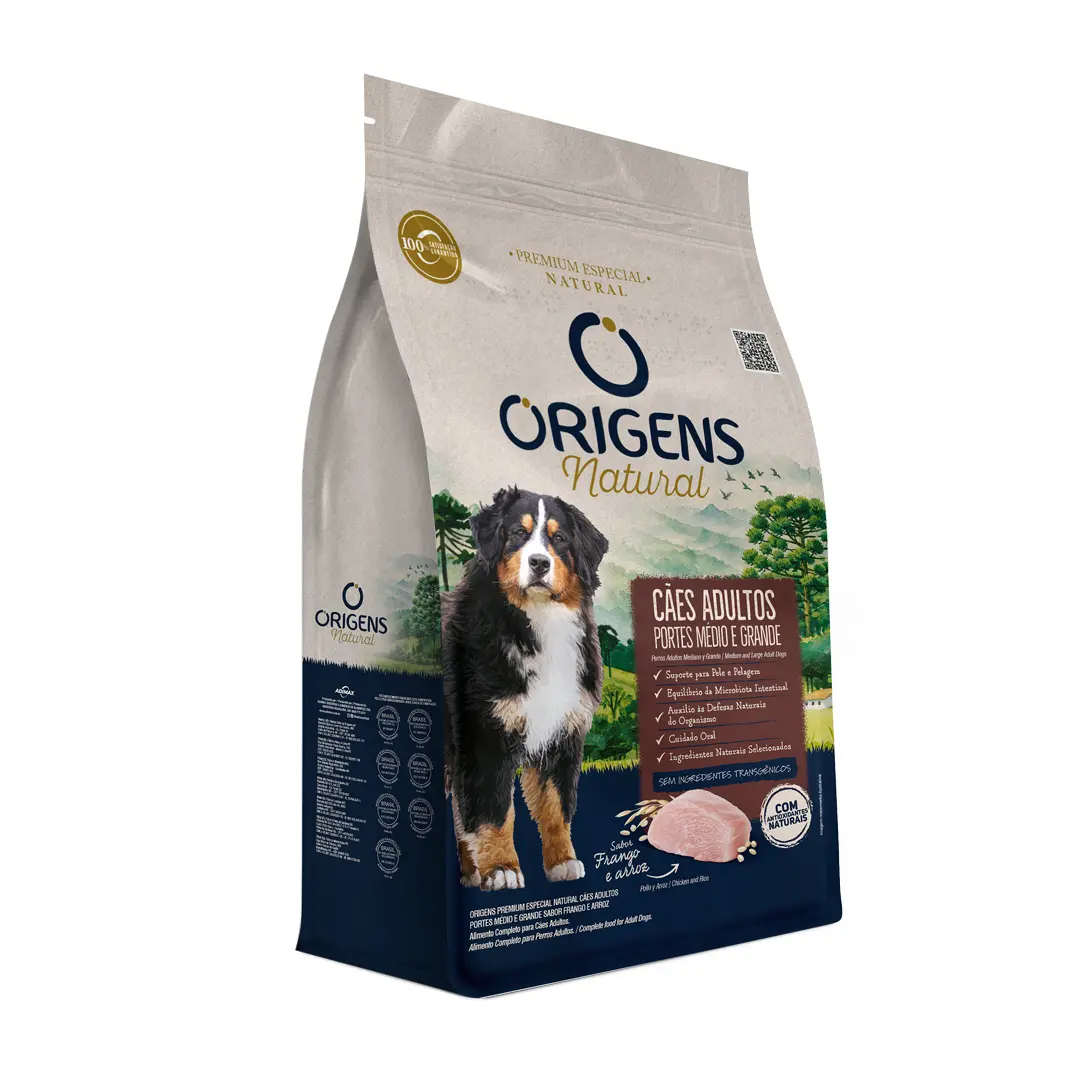 Ração Origens Natural para Cães Adultos de Raças Médias e Grandes Sabor Frango e Arroz 12Kg
