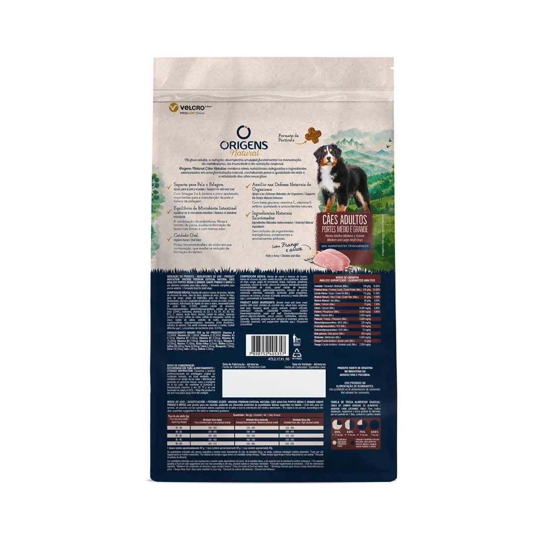 Ração Origens Natural para Cães Adultos de Raças Médias e Grandes Sabor Frango e Arroz 12Kg