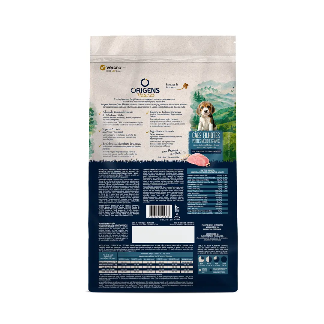 Ração Origens Natural Cães Filhotes Raças Médias e Grandes Frango e Arroz 3Kg