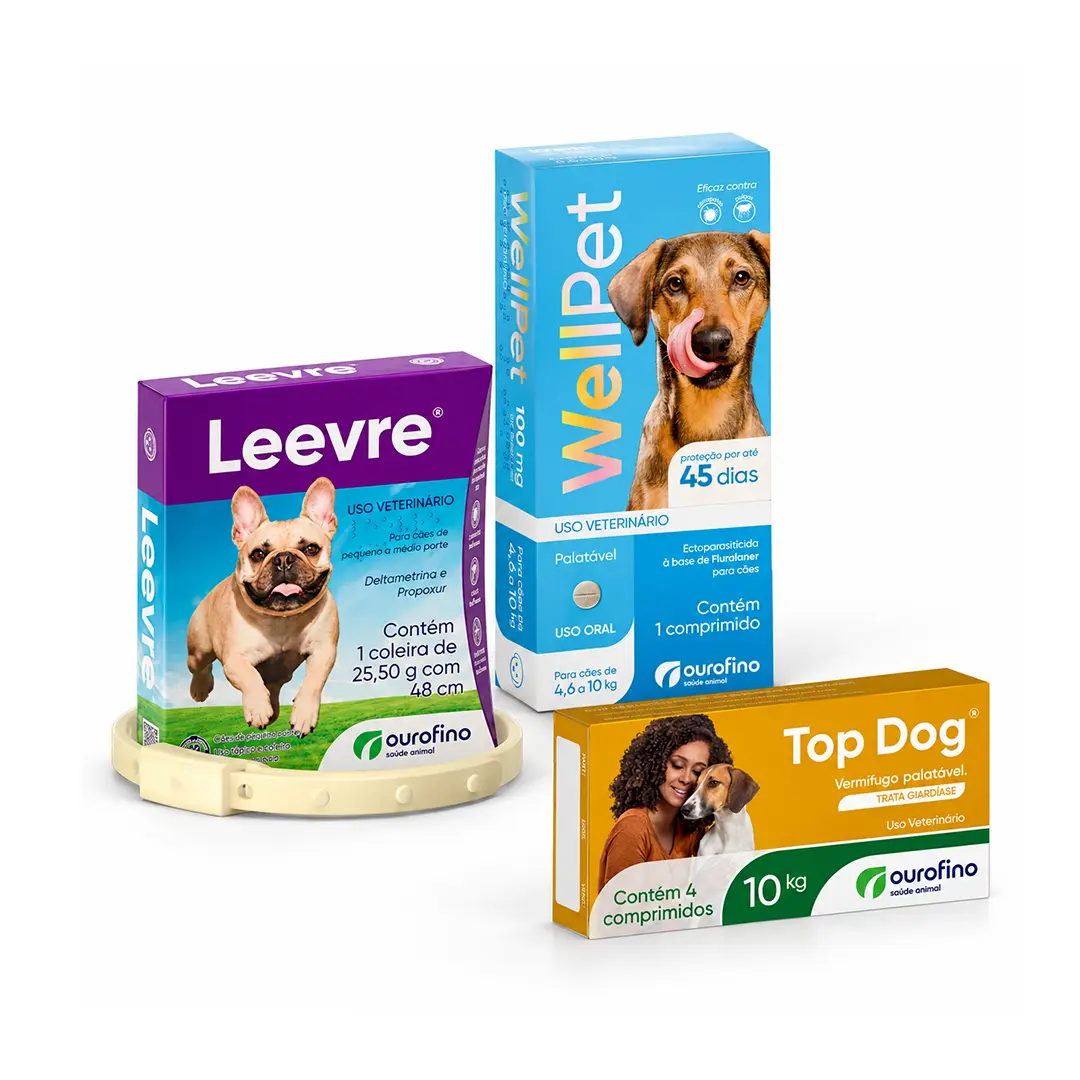 Kit Proteção Completa para Cães Coleira Leevre Pequena+Vermífugo Top Dog 10Kg+WellPet 100mg Ourofino
