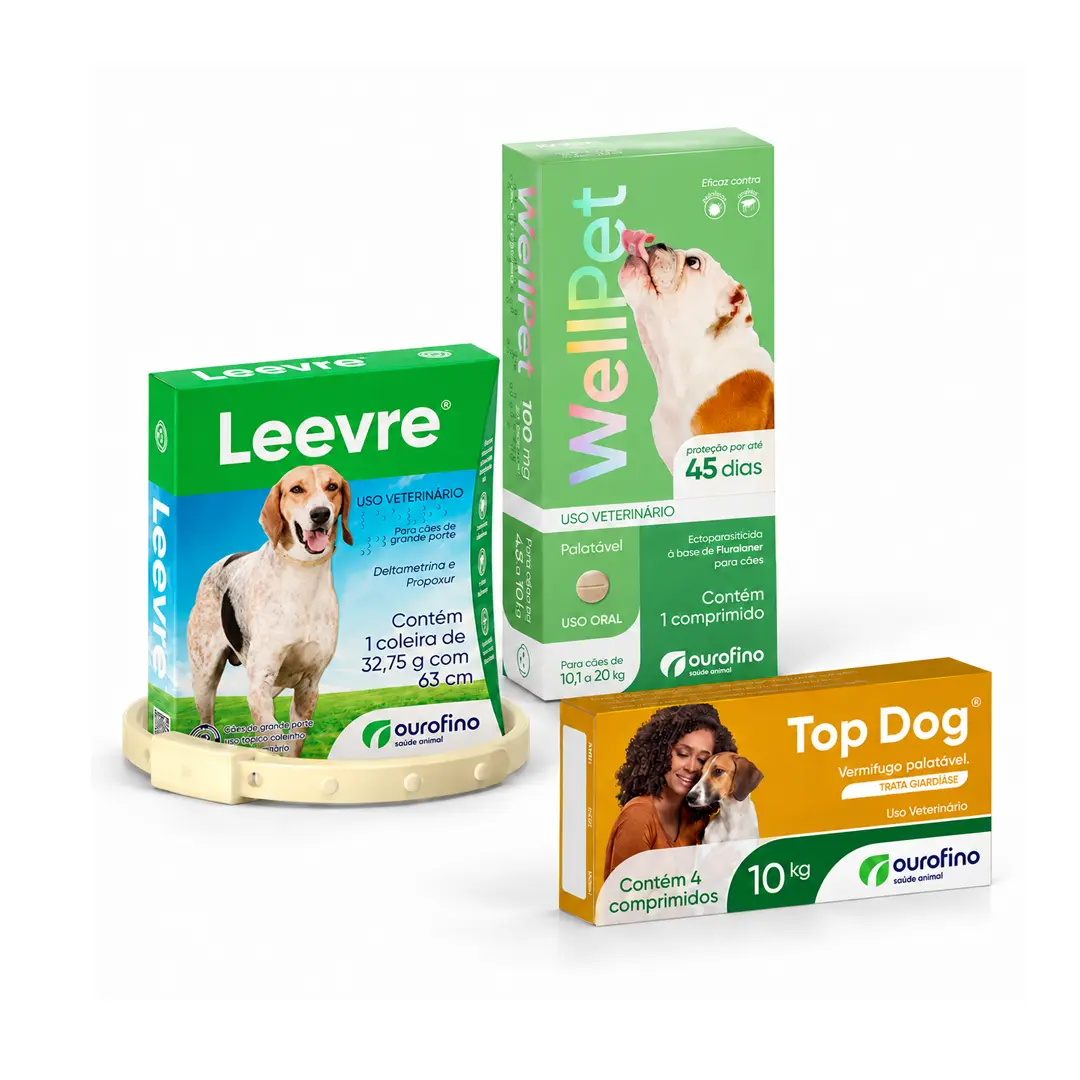 Kit Proteção Completa para Cães Coleira Leevre Grande+Vermífugo Top Dog 10Kg+WellPet 200mg Ourofino