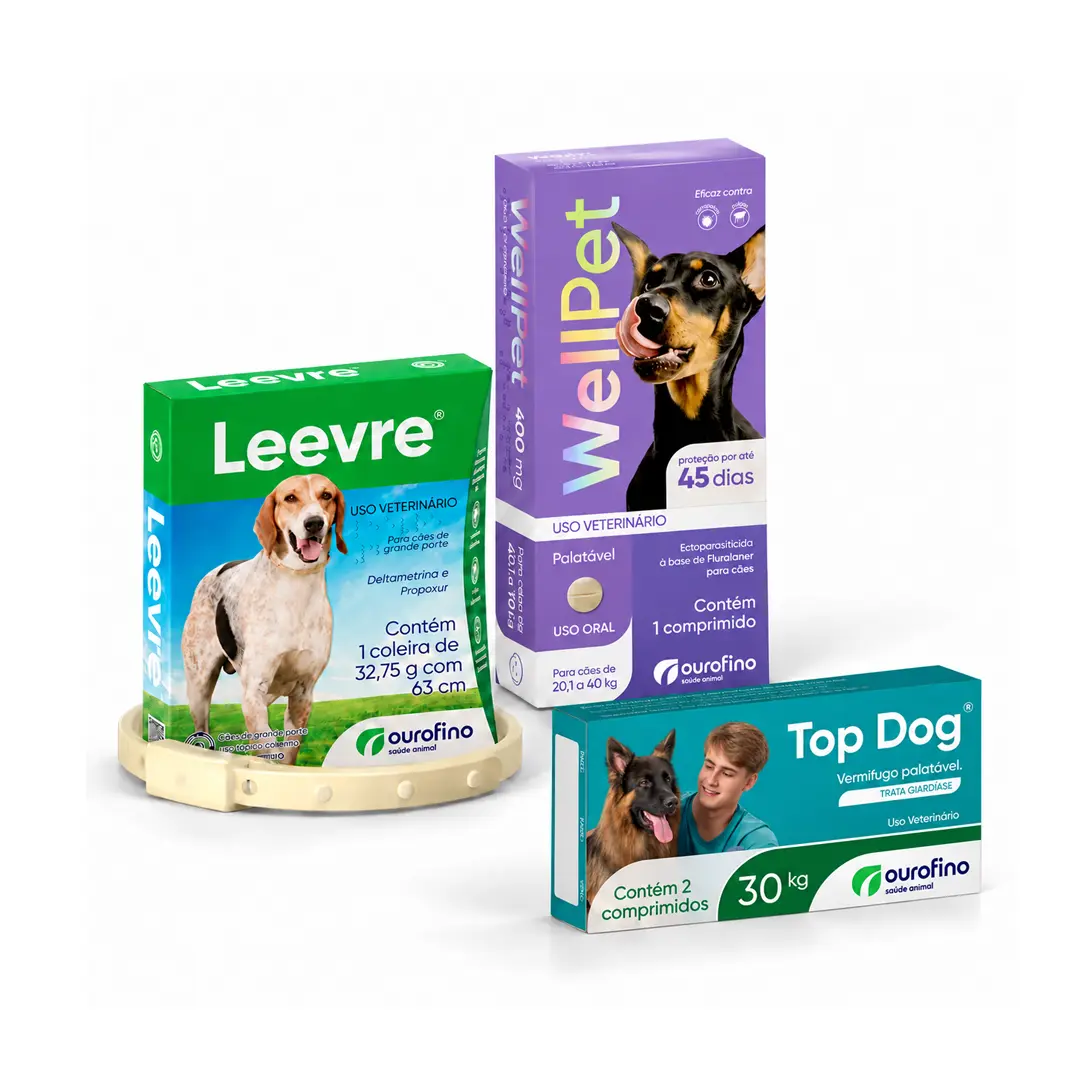 Kit Proteção Completa para Cães Coleira Leevre Grande+Vermífugo Top Dog 30Kg+WellPet 400mg Ourofino